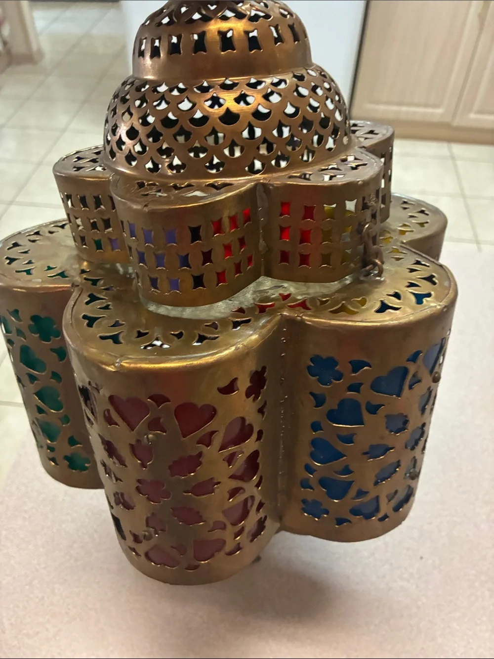 Brass Moroccan-Style Multi-Color Cutout Lantern